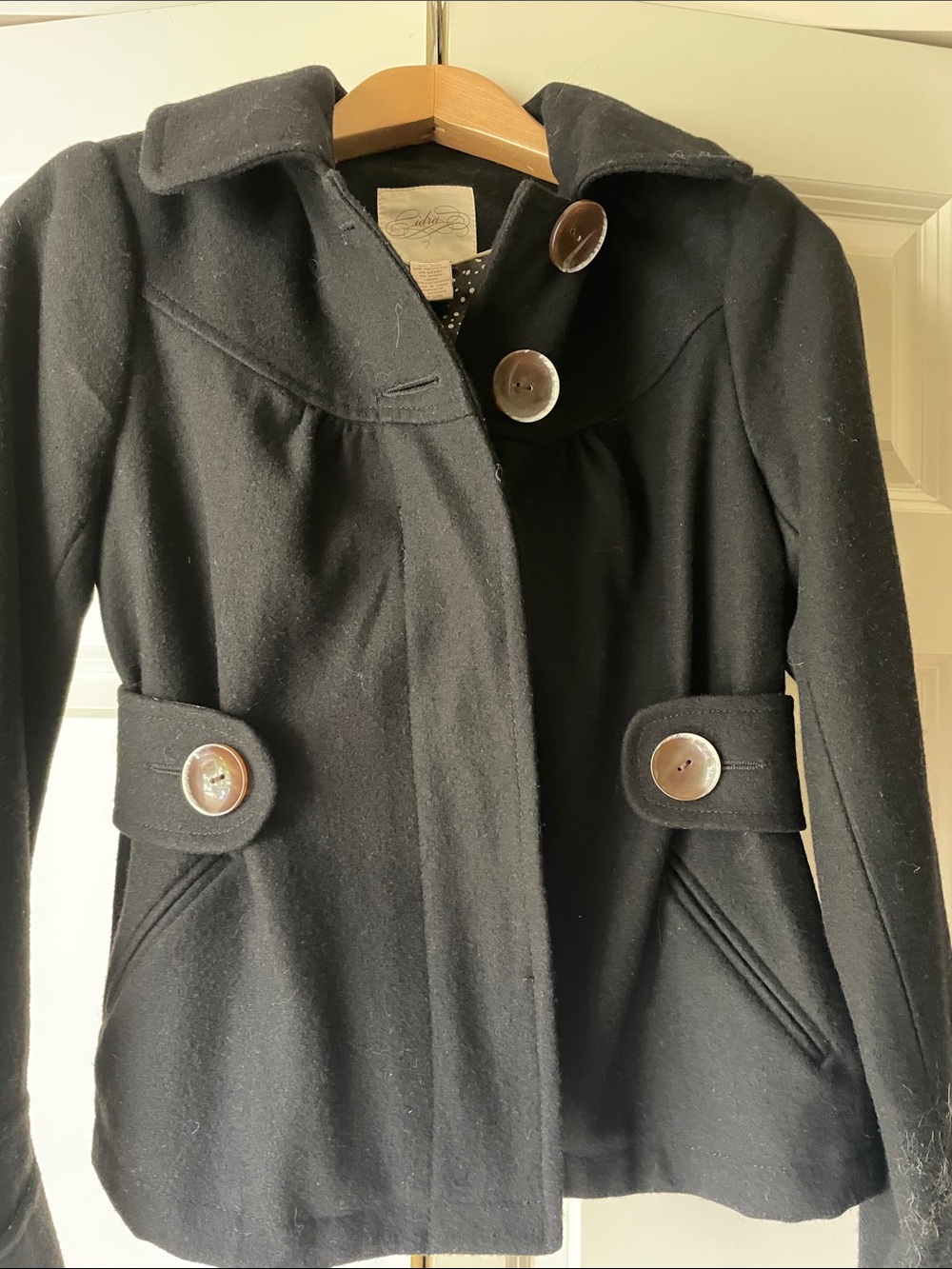 Anthropologie Idra Black Wool Pea Coat w/Hood - Size 2